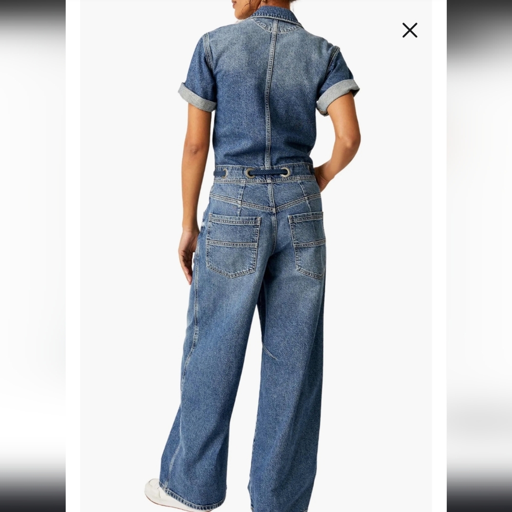 FREE PEOPLE EDISON WIDE LEG COVERALL OVERALL BLUE JEANS SIZE XS‎ - Picture 2 of 11